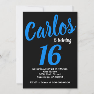 Invitación de cumpleaños negro y azul para niños C