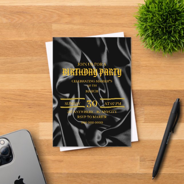 Invitación de cumpleaños negro y dorado, evento de (Insitu (Tarjeta de Invitación))