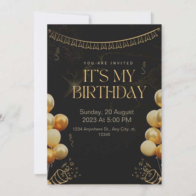 Invitación de cumpleaños: negro y oro (Anverso)
