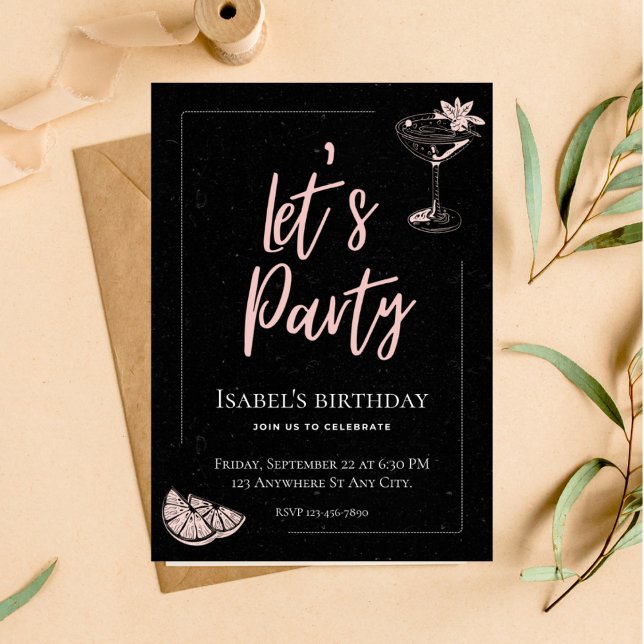 Invitación de cumpleaños negro y rosa (Subido por el creador)