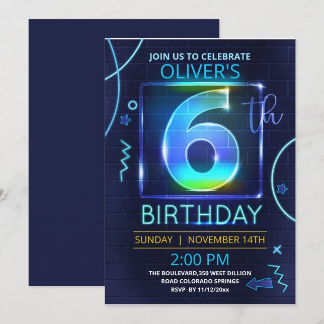 Invitación de cumpleaños neón (Anverso / Reverso)