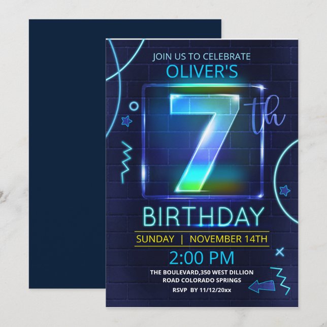 Invitación de cumpleaños neón (Anverso / Reverso)