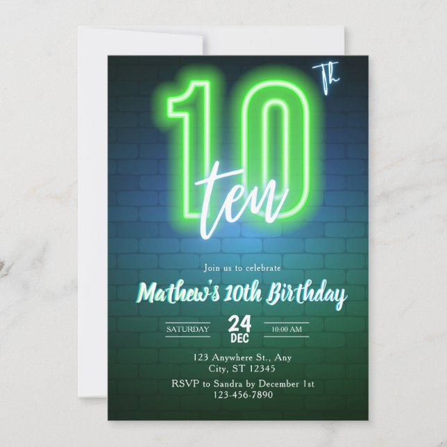 Invitación de cumpleaños Neon Décimo (Anverso)