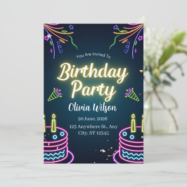 Invitación de Cumpleaños Neon Glow | Oscuro Vibran (Anverso de pie)