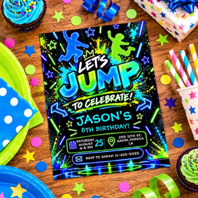 Invitación de cumpleaños Neon Jump (Neon Jump Birthday Invitation)