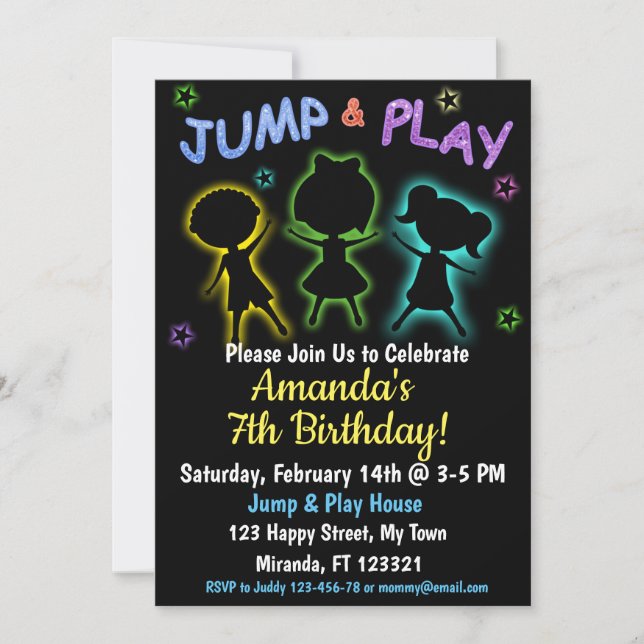 invitación de cumpleaños Neon Jump and Play (Anverso)