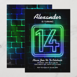 Invitación de cumpleaños neón para Boy 14th Birthd