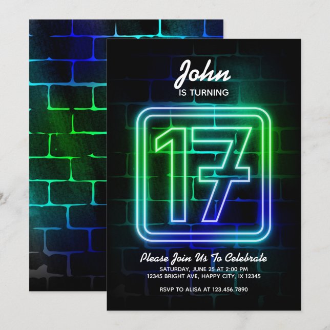 Invitación de cumpleaños neón para Boy 17 cumpleañ (Anverso / Reverso)