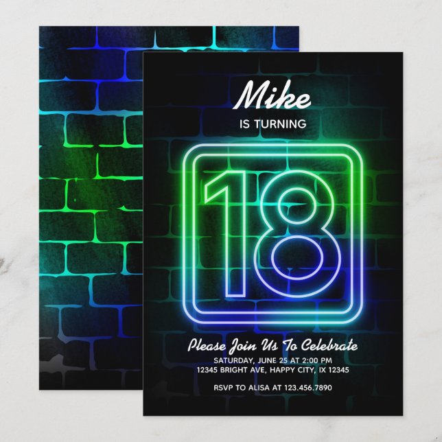 Invitación de cumpleaños neón para Boy 18º cumplea