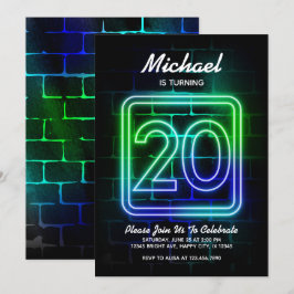 Invitación de cumpleaños neón para Boy 20 cumpleañ