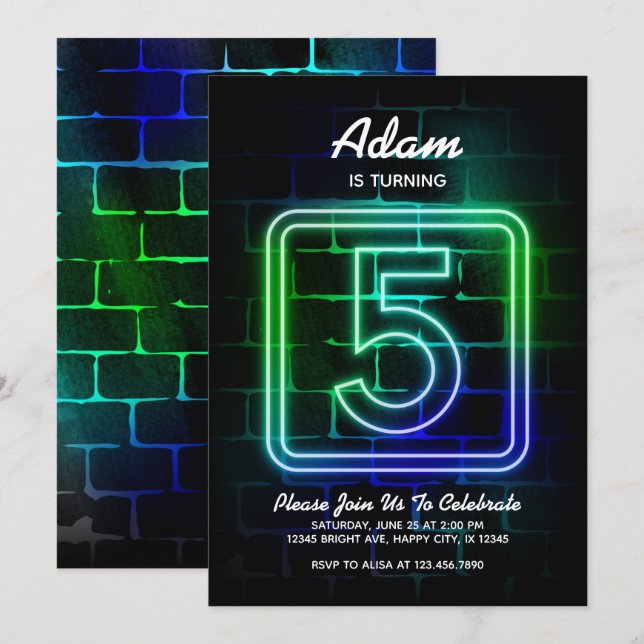 Invitación de cumpleaños neón para Boy 5º cumpleañ (Anverso / Reverso)