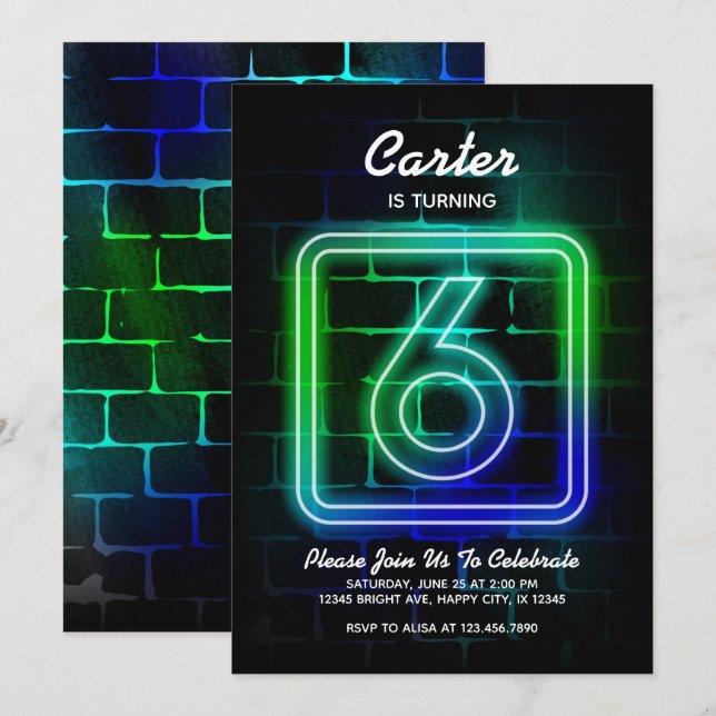 Invitación de cumpleaños neón para Boy 6º cumpleañ (Anverso / Reverso)