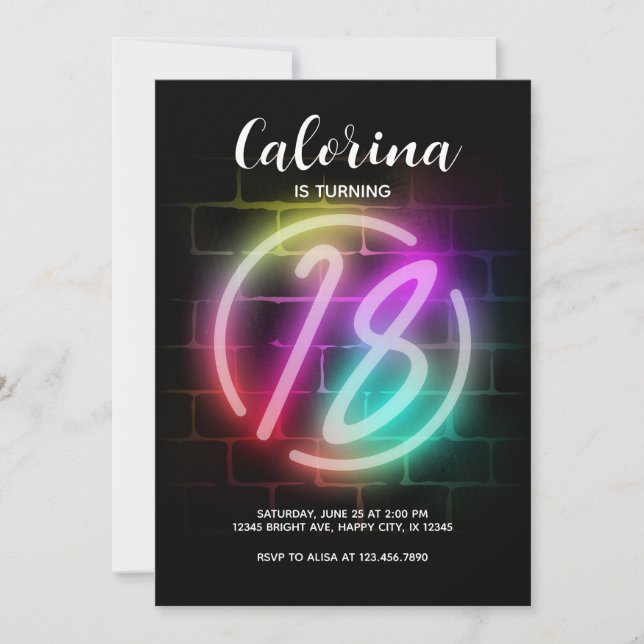 Invitación de cumpleaños neón para Chica 18º cumpl (Anverso)