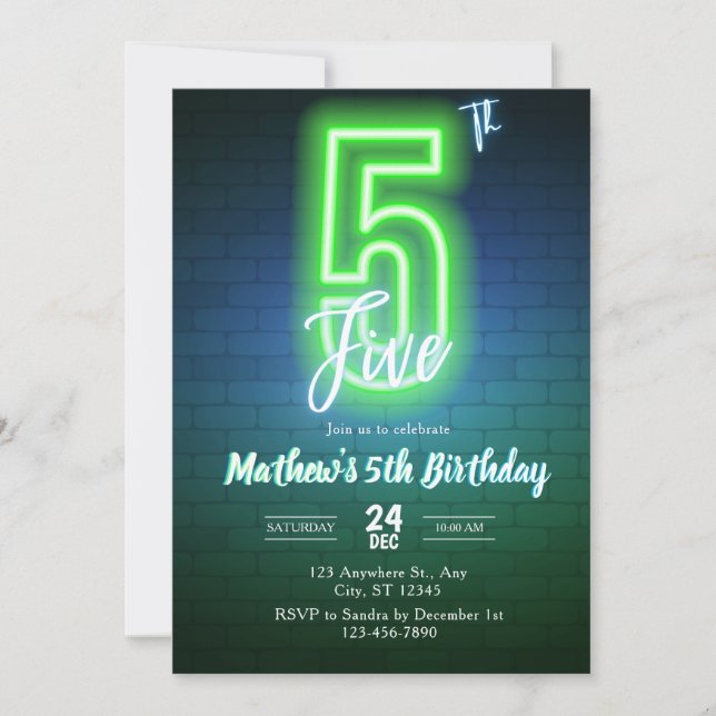 Invitación de cumpleaños neon quinto (Anverso)