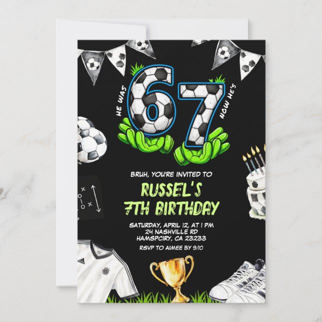 Invitación de cumpleaños Neon Soccer 67 (Anverso)