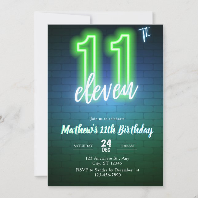 Invitación de cumpleaños neón undécimo (Anverso)