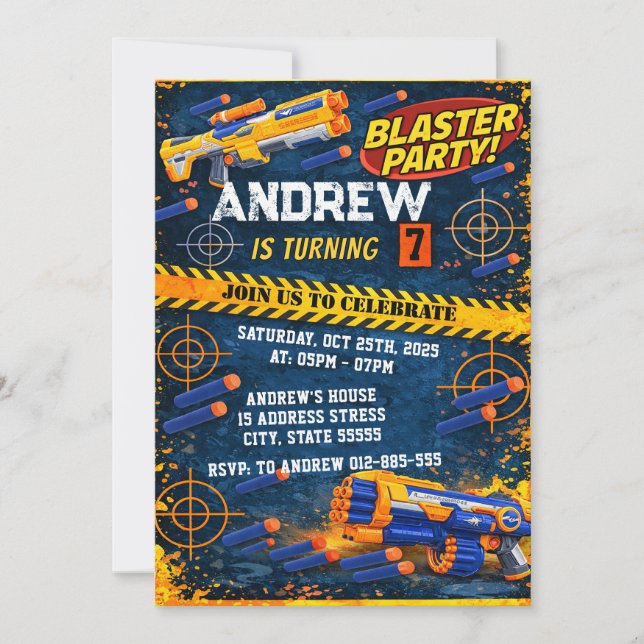 Invitación de cumpleaños Nerf para fiesta infantil (Anverso)