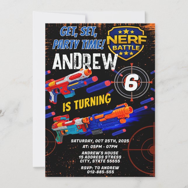 Invitación de cumpleaños Nerf para niños personali (Anverso)