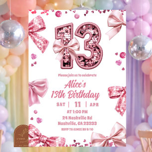 Invitación de cumpleaños niña 13 lazo rosa lenteju