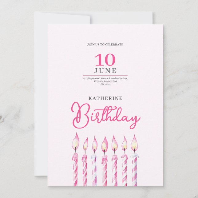 invitación de cumpleaños niña velitas rosadas (Anverso)