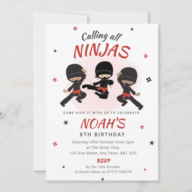 Invitación de cumpleaños Ninja - Fiesta de karate  (Anverso)