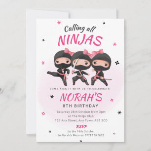 Invitación de cumpleaños ninja rosa para niñas fie