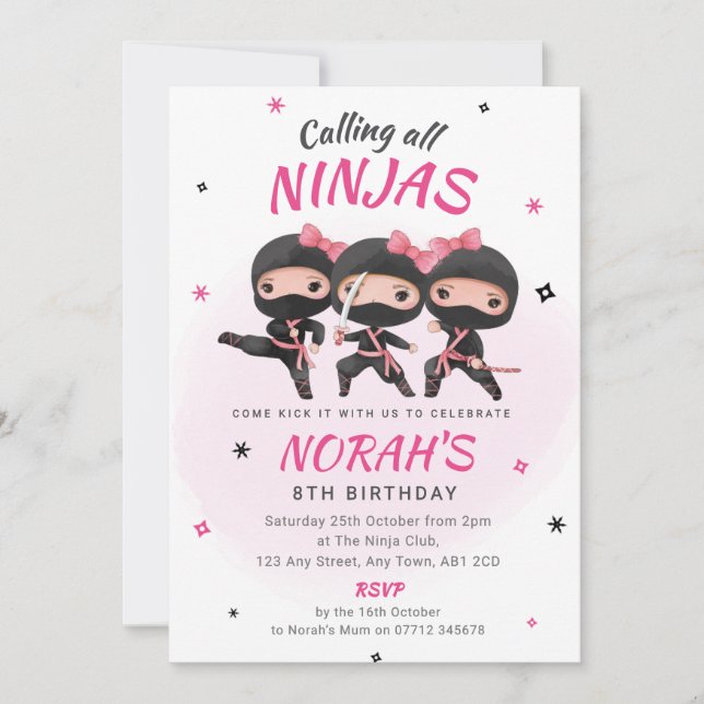 Invitación de cumpleaños ninja rosa para niñas fie (Anverso)