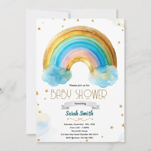 invitación de cumpleaños niño arcoíris brillo (Anverso)