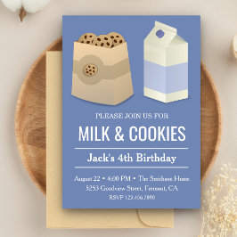 Invitación de cumpleaños niño azul leche y galleta