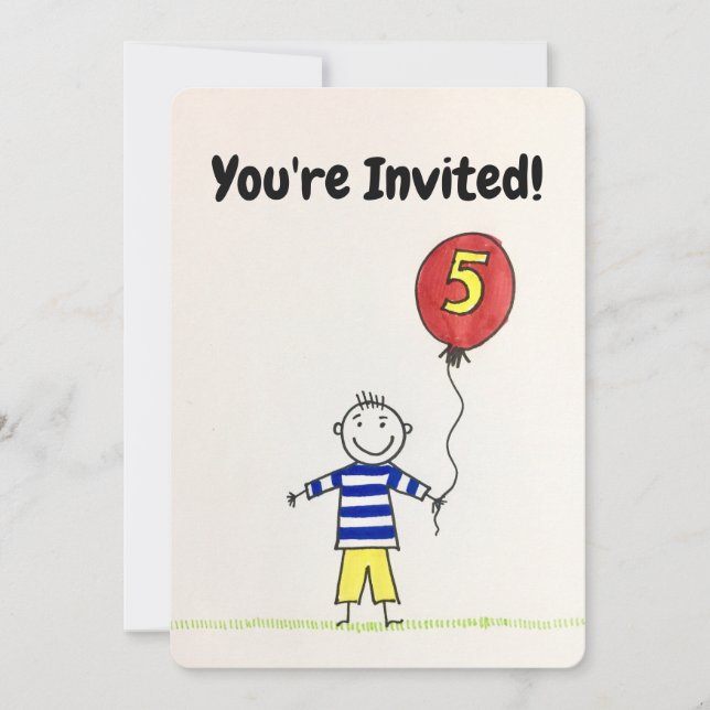 Invitación de cumpleaños - Niño de 5 años con glob (Anverso)