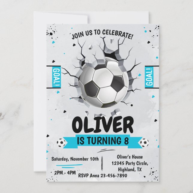 Invitación de cumpleaños niño fútbol azul (Anverso)