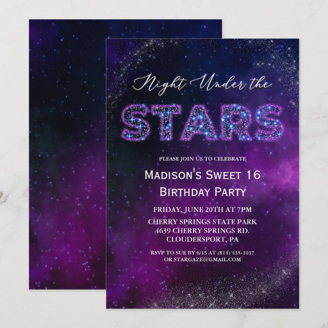 Invitación de cumpleaños Noche Bajo las Estrellas (Anverso / Reverso)