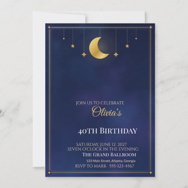 Invitación de cumpleaños Noche Estrellada, Luna do (Anverso)