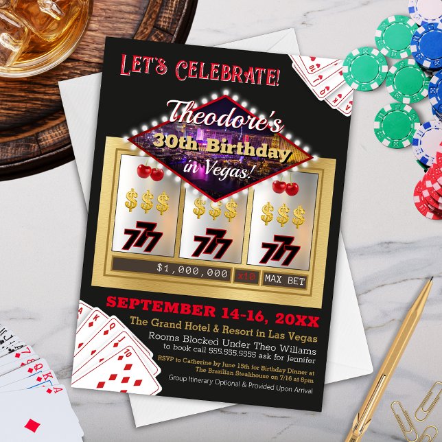 Invitación de cumpleaños nocturna del Casino Las V (Modern Las Vegas Desination Casino Theme Birthday Party Invitation for Him or Her)