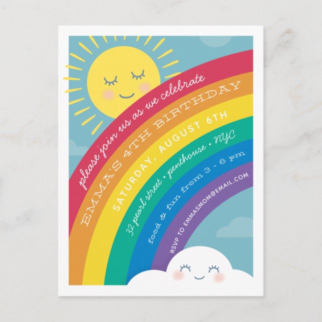 Invitación de cumpleaños nuboso feliz de Rainbow S (Anverso)