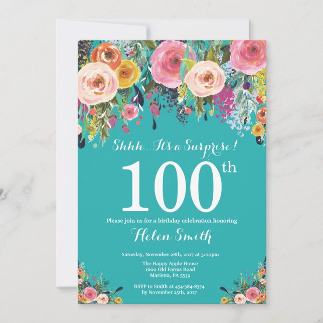 Invitación de cumpleaños número 100 a la sorpresa  (Anverso)