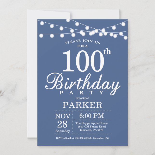Invitación de cumpleaños número 100 Azul (Anverso)