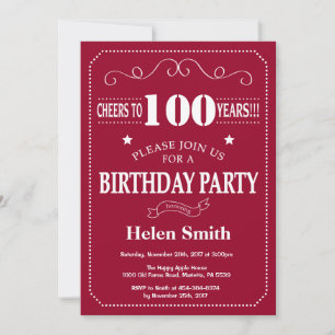 Invitación de cumpleaños número 100 Borgoña Rojo y