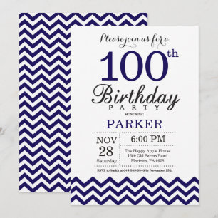 Invitación de cumpleaños número 100 Chevron azul m