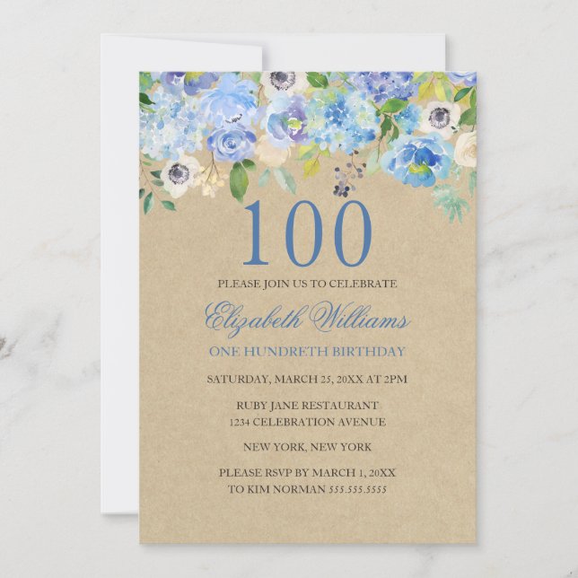 Invitación de cumpleaños número 100 con acuarela f (Anverso)