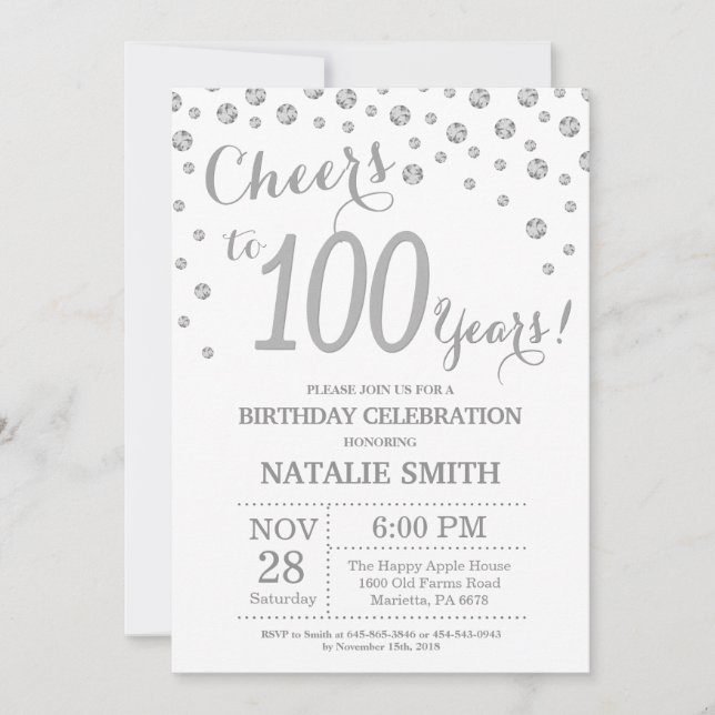 Invitación de cumpleaños número 100 con brillo de  (Anverso)