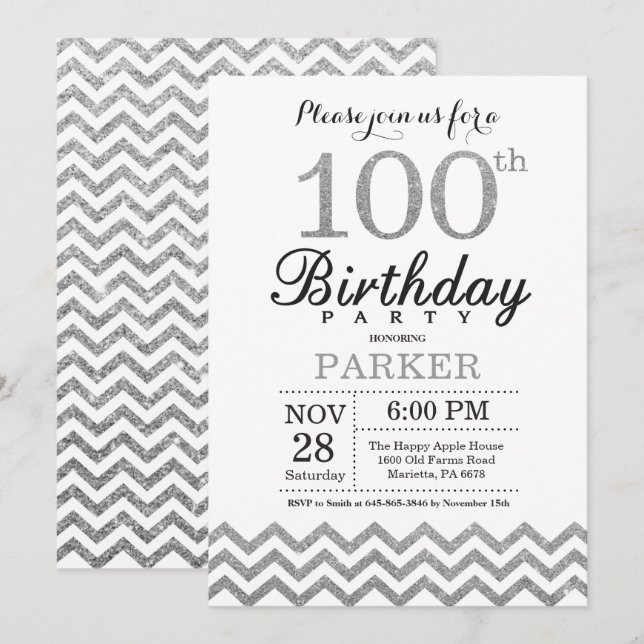 Invitación de cumpleaños número 100 con brillo de  (Anverso / Reverso)