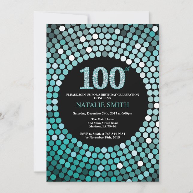 Invitación de cumpleaños número 100 con brillo neg (Anverso)