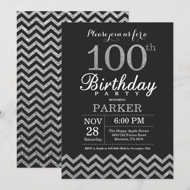 Invitación de cumpleaños número 100 con brillo neg (Anverso / Reverso)