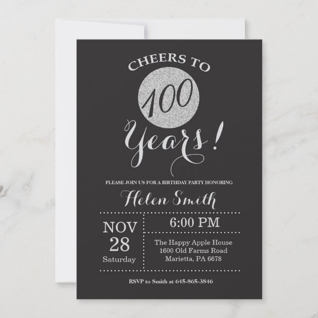 Invitación de cumpleaños número 100 con brillo neg (Anverso)