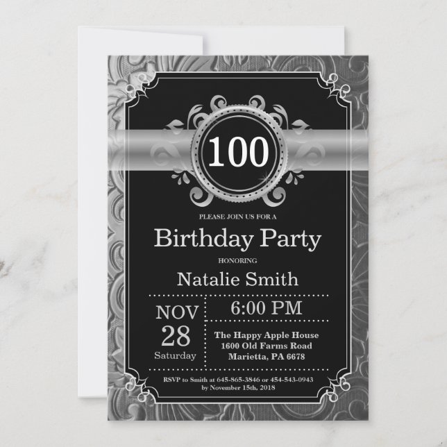 Invitación de cumpleaños número 100 con brillo neg (Anverso)
