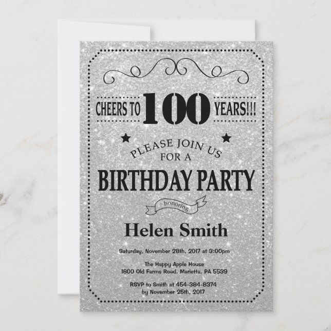 Invitación de cumpleaños número 100 con brillo neg (Anverso)