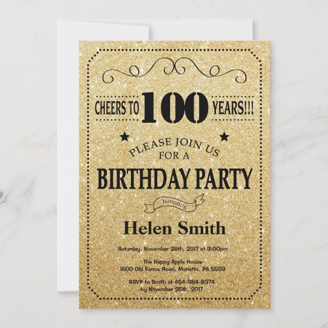 Invitación de cumpleaños número 100 con brillo neg (Anverso)