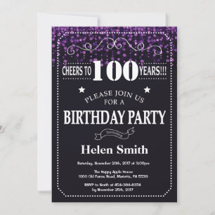 Invitación de cumpleaños número 100 con brillo púr