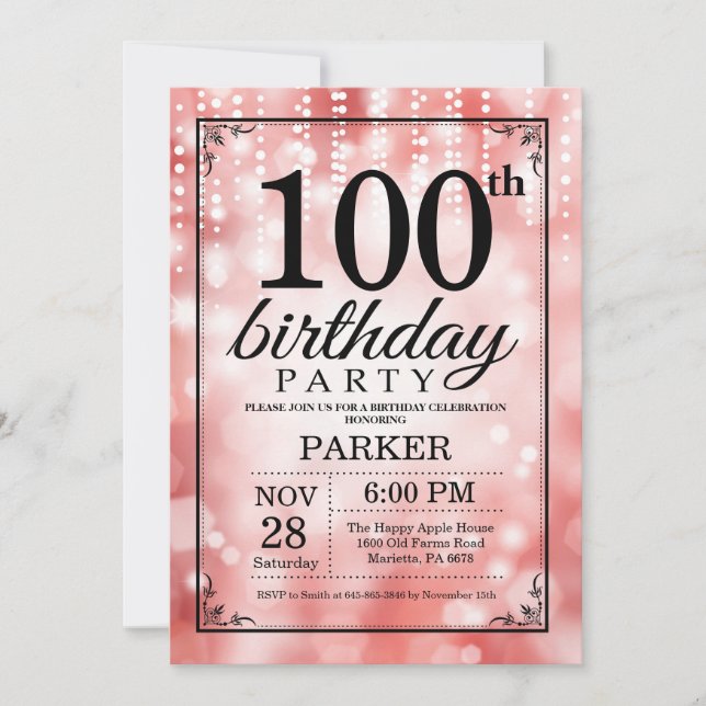 Invitación de cumpleaños número 100 con brillo roj (Anverso)